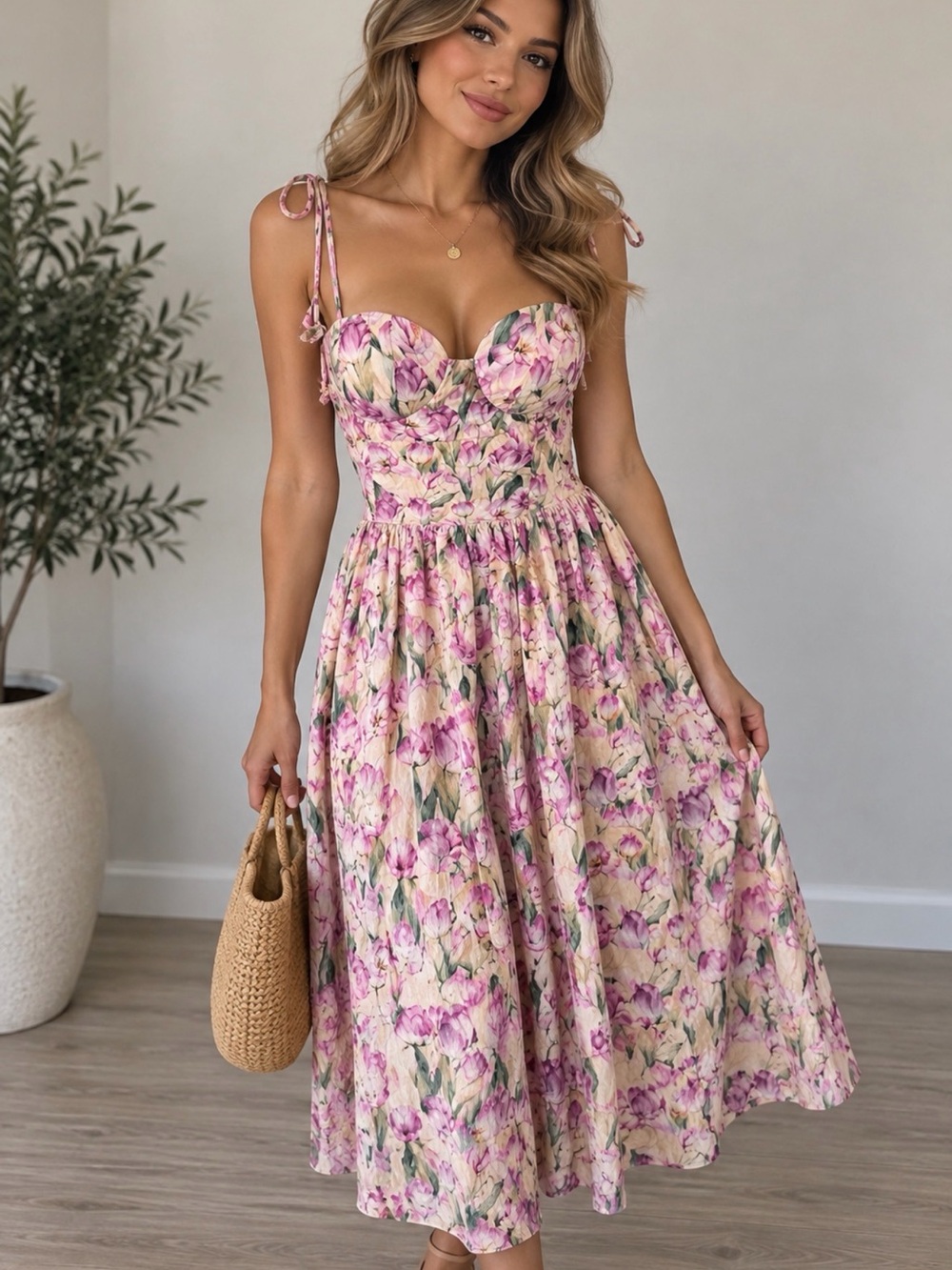 En Saison Pink Floral Tie-Shoulder Midi Dress
